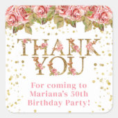 ピンクのフローラ金ゴールドグリッター誕生日パーティーの好意 スクエアシール (正面)