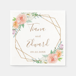 ピンクのフローラ金ゴールドジオメトリックウォーター結婚カラー スタンダードカクテルナプキン