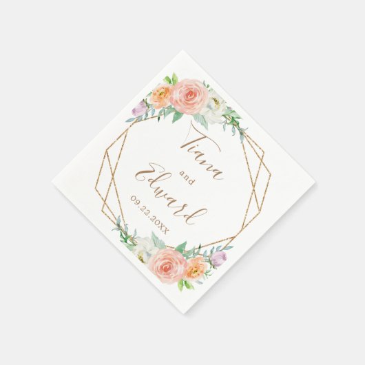 ピンクのフローラ金ゴールドジオメトリックウォーター結婚カラー スタンダードカクテルナプキン (角)