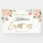 ピンクのフローラ金ゴールドスクリプトスイート16誕生日バナー 横断幕 (横)