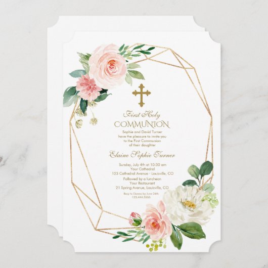 ピンクのフローラ金ゴールドダイヤモンド最初の聖餐式 招待状 (正面/裏面)