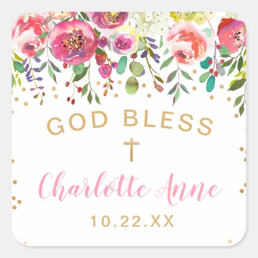 ピンクのフローラ金ゴールドバプテ感謝していィスは、あなたが好き スクエアシール (正面)