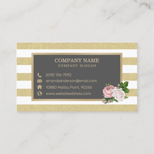 ピンクのフローラ金ゴールドフレーストライプム|名刺 名刺 (裏面)