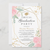 ピンクのフローラ金ゴールドフレームの写真バーチャル卒業 招待状 (正面)