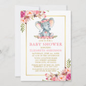 ピンクのフローラ金ゴールドフレームエレファントベビーシャワー 招待状 (正面)