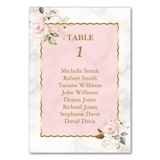 ピンクのフローラ金ゴールドフレームバプテスマのシーティングチャート テーブルナンバー (裏面)