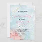 ピンクのフローラ金ゴールドフレームブルーウォーター卒業パーティー 招待状 (正面)