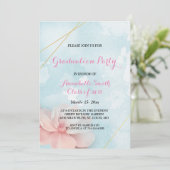 ピンクのフローラ金ゴールドフレームブルーウォーター卒業パーティー 招待状 (スタンド正面)