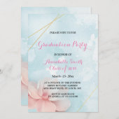 ピンクのフローラ金ゴールドフレームブルーウォーター卒業パーティー 招待状 (正面/裏面)