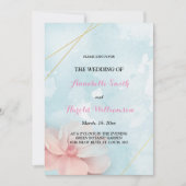 ピンクのフローラ金ゴールドフレームブルー結婚ウォーター色 招待状 (正面)