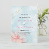 ピンクのフローラ金ゴールドフレームブルー結婚ウォーター色 招待状 (スタンド正面)