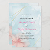 ピンクのフローラ金ゴールドフレームブルー結婚ウォーター色 招待状 (正面/裏面)