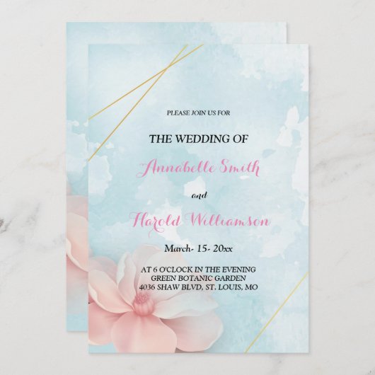 ピンクのフローラ金ゴールドフレームブルー結婚ウォーター色 招待状 (正面/裏面)