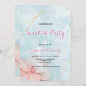ピンクのフローラ金ゴールドフレーム青い水色の甘い16 招待状 (正面/裏面)