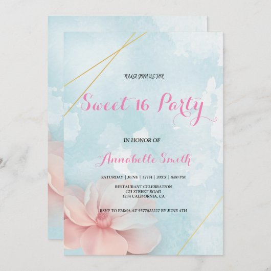 ピンクのフローラ金ゴールドフレーム青い水色の甘い16 招待状 (正面/裏面)