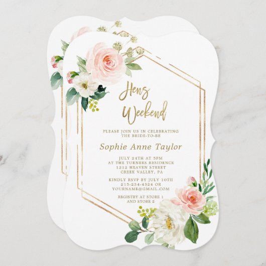 ピンクのフローラ金ゴールドフレームhensバチェロレッテ週末 招待状 (正面/裏面)