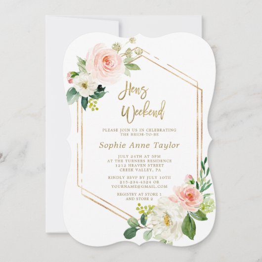 ピンクのフローラ金ゴールドフレームhensバチェロレッテ週末 招待状 (正面)