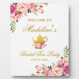 ピンクのフローラ金ゴールドブライダルシャワーティーパーティーへようこそ フォトプラーク