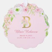 ピンクのフローラ金ゴールドレター"B"モノグラム誕生統計 オーナメントカード (正面)