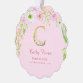 ピンクのフローラ金ゴールドレター"C"モノグラム誕生統計 オーナメントカード (左)