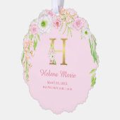 ピンクのフローラ金ゴールドレター"H"モノグラム誕生統計 オーナメントカード (左)