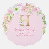 ピンクのフローラ金ゴールドレター"H"モノグラム誕生統計 オーナメントカード (正面)
