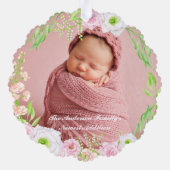 ピンクのフローラ金ゴールドレター"J"モノグラム誕生統計 オーナメントカード (裏面)