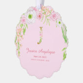 ピンクのフローラ金ゴールドレター"J"モノグラム誕生統計 オーナメントカード (左)