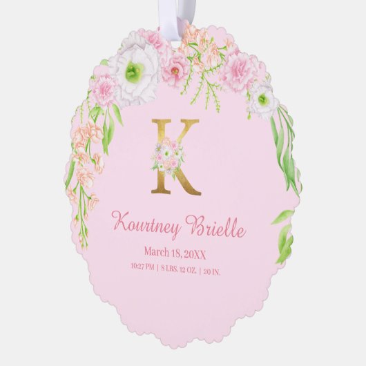 ピンクのフローラ金ゴールドレター"K"モノグラム誕生統計 オーナメントカード (左)