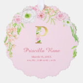 ピンクのフローラ金ゴールドレター"P"モノグラム誕生統計 オーナメントカード (正面)