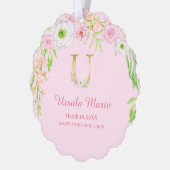 ピンクのフローラ金ゴールドレター"U"モノグラム誕生統計 オーナメントカード (左)