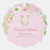 ピンクのフローラ金ゴールドレター"U"モノグラム誕生統計 オーナメントカード (正面)