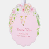 ピンクのフローラ金ゴールドレター"V"モノグラム誕生統計 オーナメントカード (左)