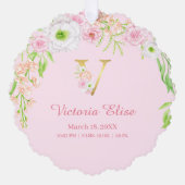 ピンクのフローラ金ゴールドレター"V"モノグラム誕生統計 オーナメントカード (正面)