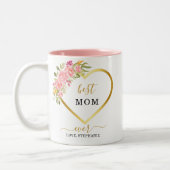 ピンクのフローラ金ゴールド最高のハートママ今まで ツートーンマグカップ (左)