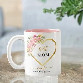 ピンクのフローラ金ゴールド最高のハートママ今まで ツートーンマグカップ