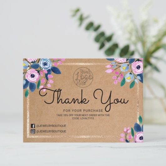 ピンクのフローラ金ゴールド水の色お客様ありがとう サンキューカード (スタンド正面)