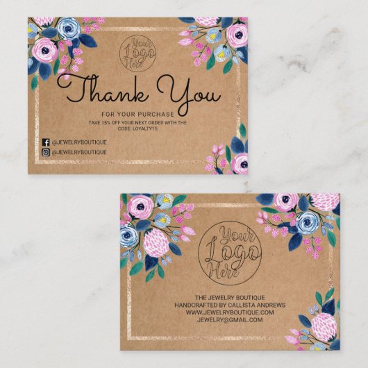 ピンクのフローラ金ゴールド水の色お客様ありがとう 名刺 (正面/裏面)