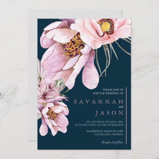 ピンクのフローラ開花ひまわり結婚式の招待 招待状 (正面/裏面)