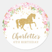 ピンクのフローラ馬の誕生日パーティーありがとう ラウンドシール (正面)