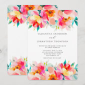 ピンクのフローラ鮮やか水彩結婚式招待状 招待状 (正面/裏面)