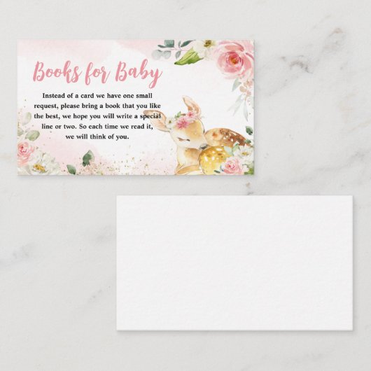 ピンクのフローラ鹿の赤ちゃんシャワーブックベビー エンクロージャーカード (正面/裏面)