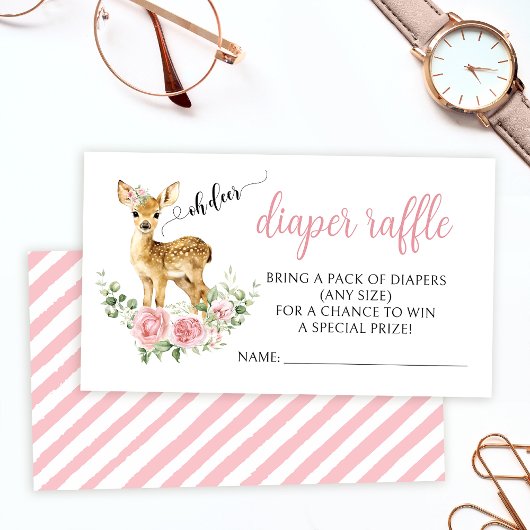 ピンクのフローラ鹿の赤ちゃん女の子シャワーおむつラッフル エンクロージャーカード