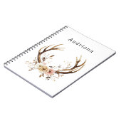 ピンクのフローラ鹿の〔雄ジカの〕枝角パーソナライズされた名 ノートブック (左側)