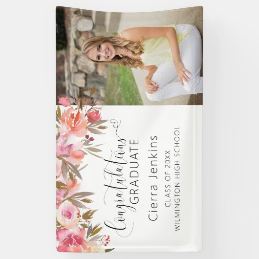ピンクのフローラ1枚の写真の書道卒業 横断幕 (縦)