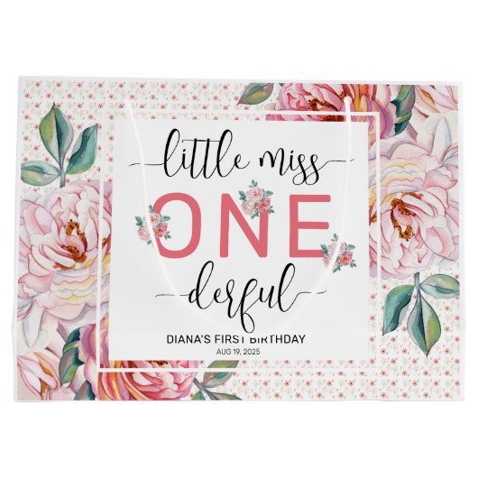 ピンクのフローラ1st誕生日の光沢 ラージペーパーバッグ (裏面)