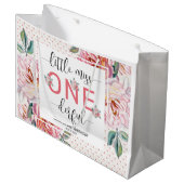 ピンクのフローラ1st誕生日の光沢 ラージペーパーバッグ (正面アングル)