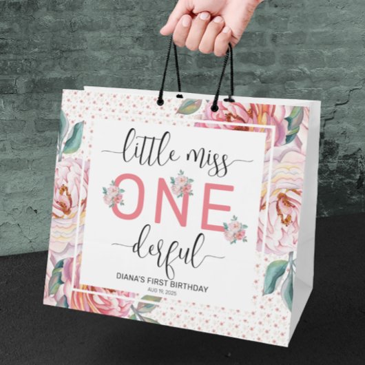 ピンクのフローラ1st誕生日の光沢 ラージペーパーバッグ