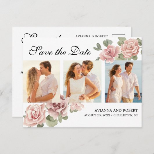 ピンクのフローラ3フォトウェディング日付を保存 案内ポストカード (正面/裏面)