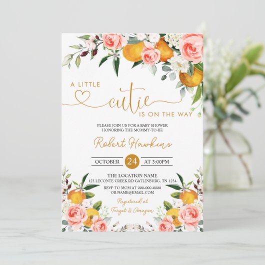 ピンクのフローラ、オレンジ色の小さなかわいこちゃん赤ちゃんシャワー 招待状 (スタンド正面)
